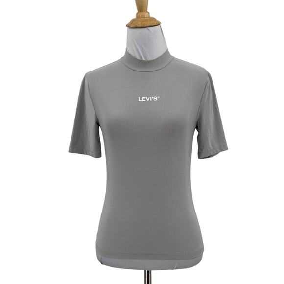 Levis T Shirt Womens S Small Gray Graphic Second Skin Short Sleeve Mock Neck - Picture 1 of 10